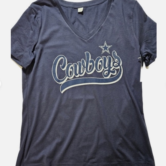 Dallas Cowboys Shirt Womens Large Navy Blue NFL Football V-Neck Script Star Tee - Picture 6 of 8